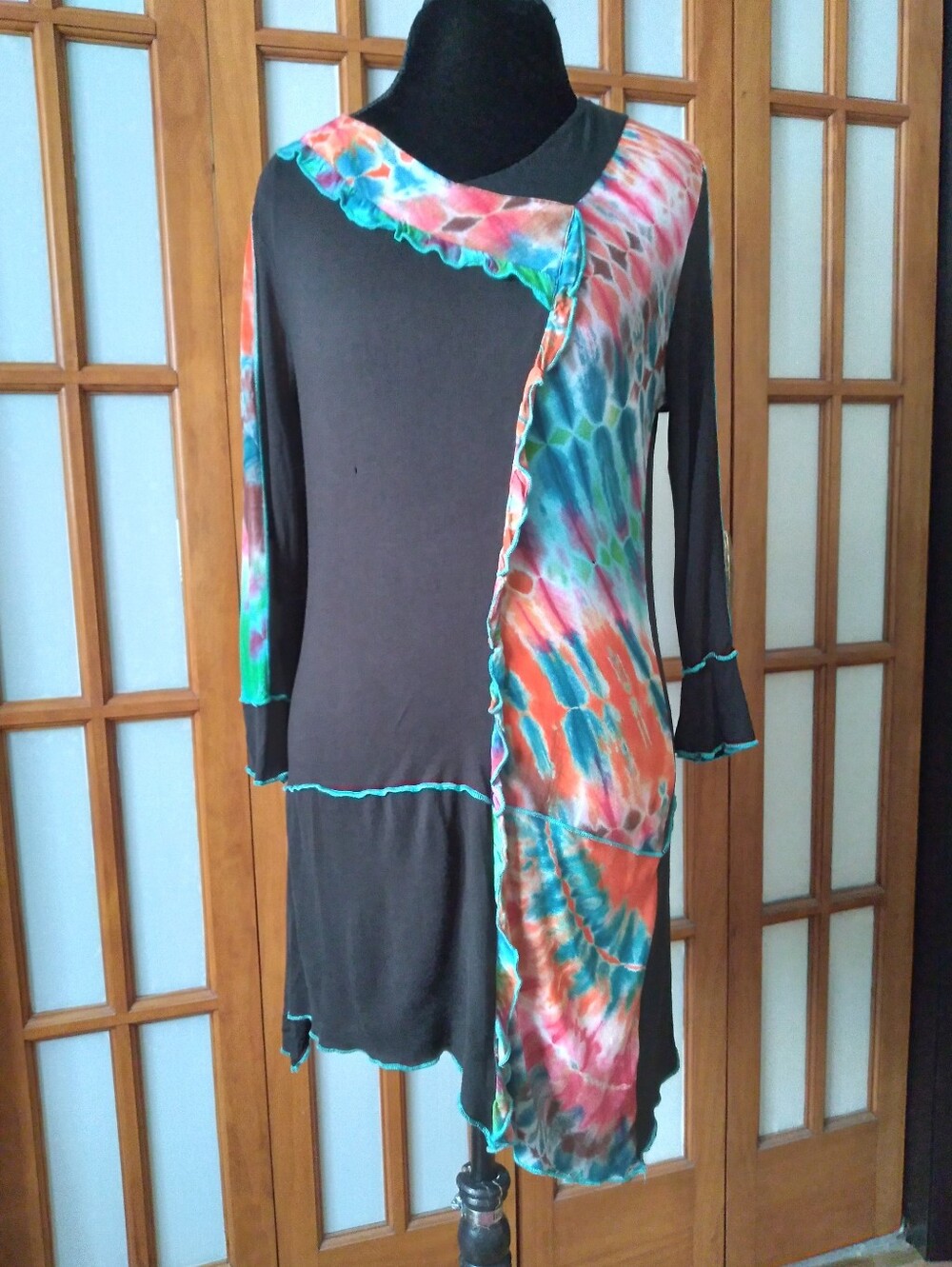Women's Artsy Asymmetrical Black & Tie Dye Tunic T Shirt Dress By Parsley&Sage M